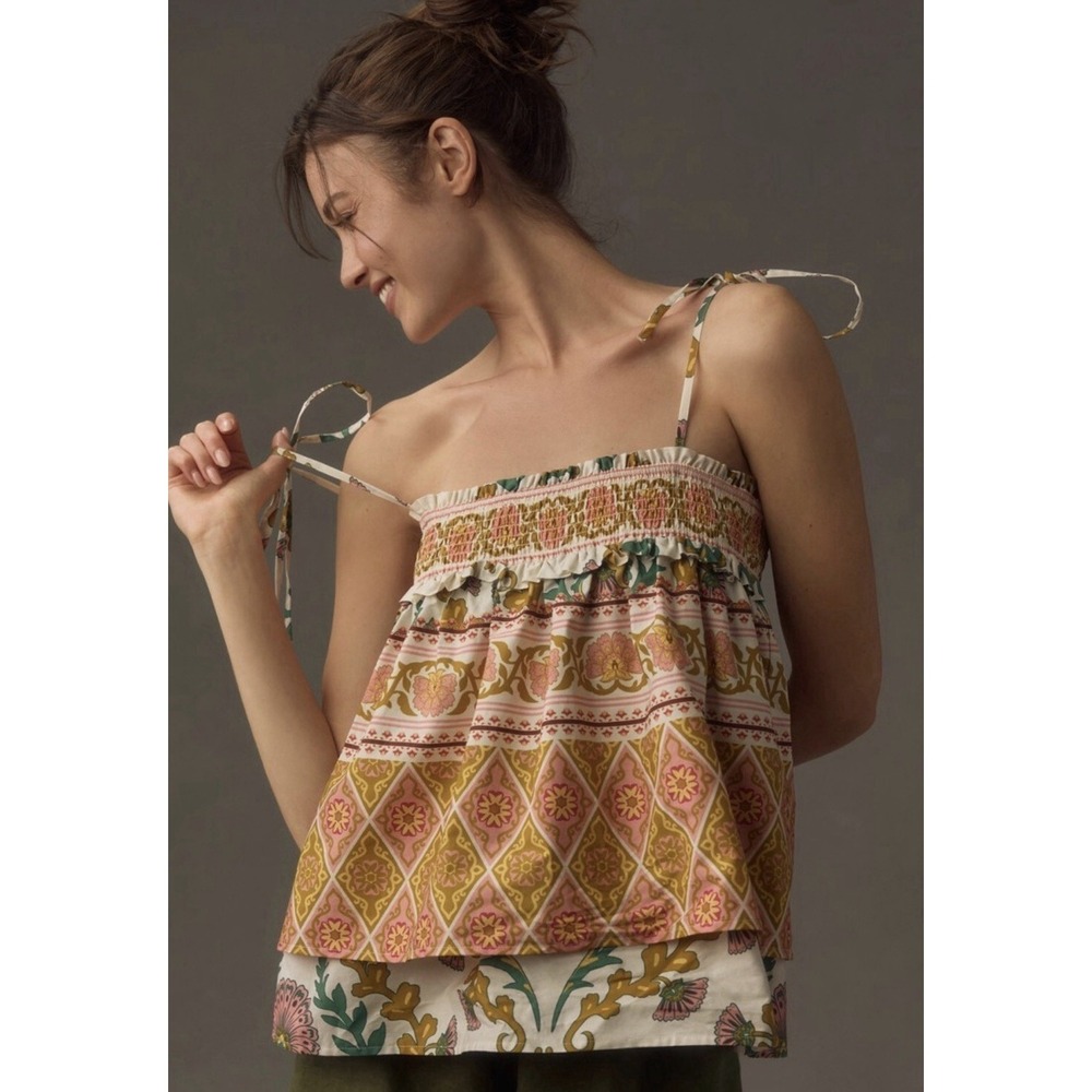 Anthropologie Tiered Babydoll Top Tank M Tassel Tie Festival Boho Floral